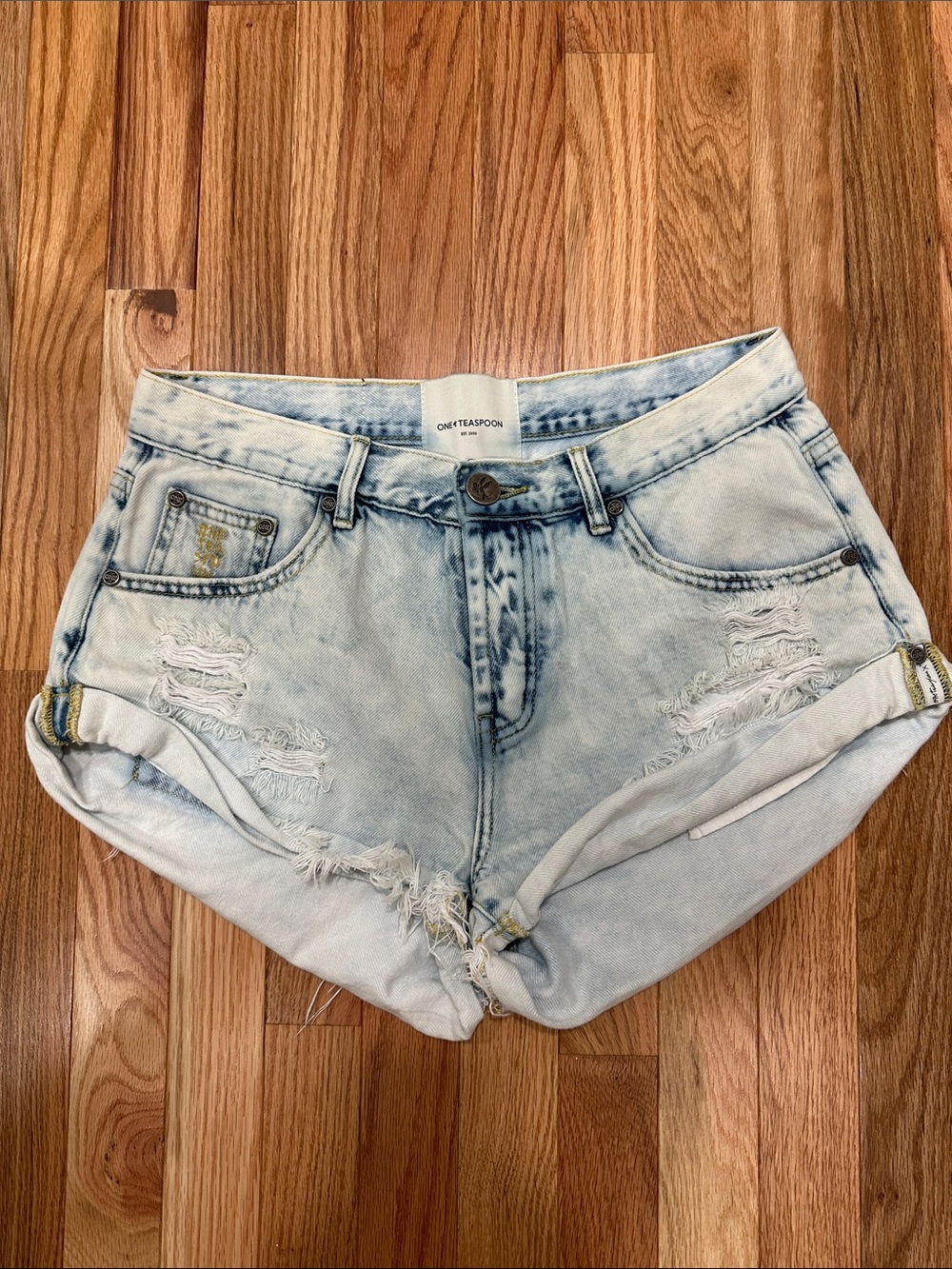 One Teaspoon Acid Wash Light Blue Distressed Denim Shorts